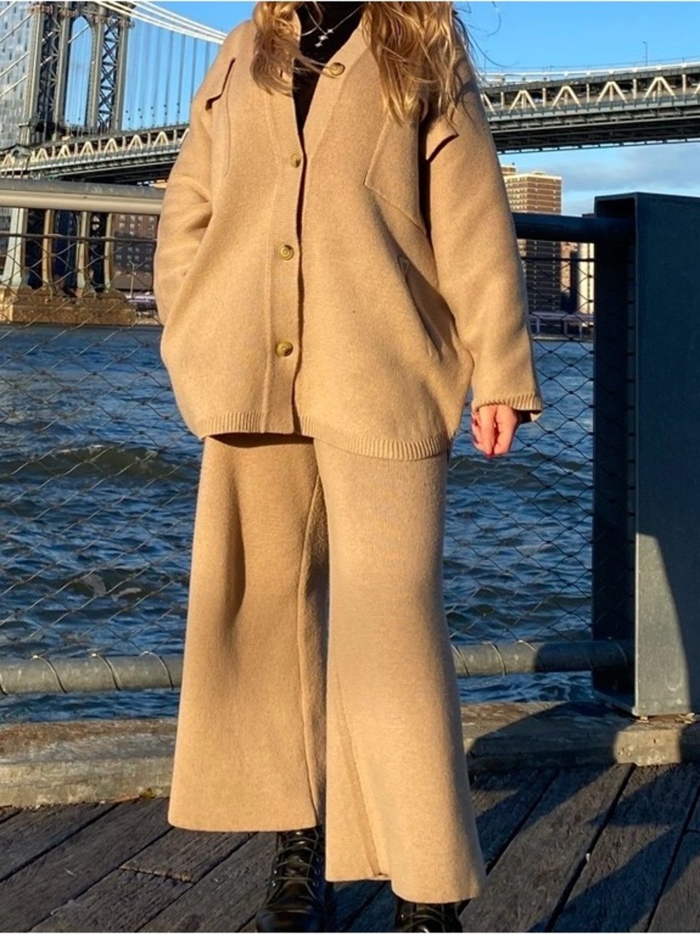 Relaxed Camel Knit Wide-Leg Pants & Jacket Set